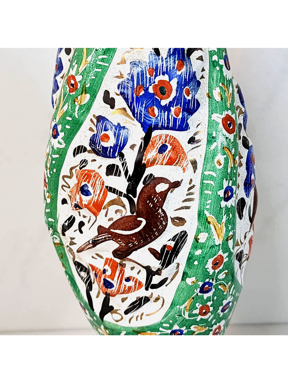 Iznik Ottoman Metal Vase Hand Painted Birds Floral Maximalist Boho 8.5 Inch